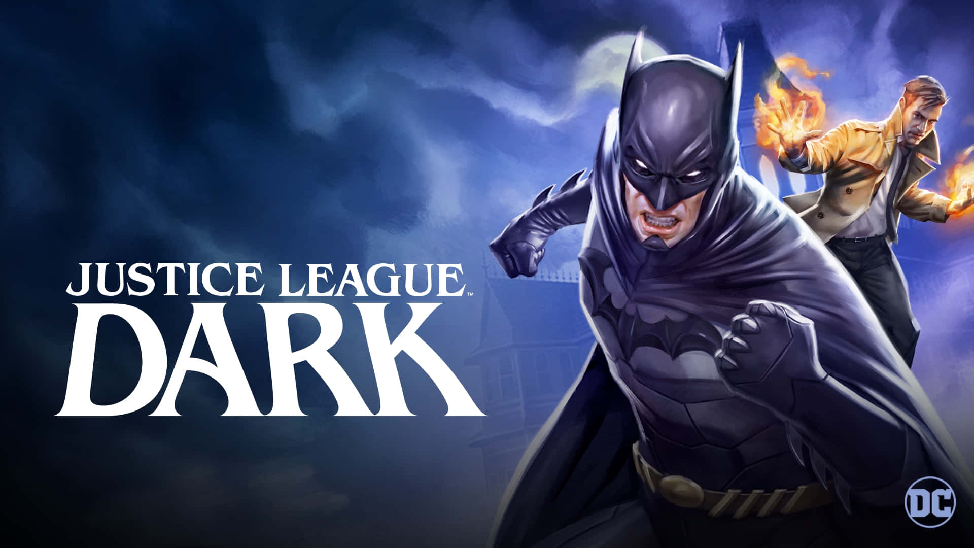 The Justice League Dark 桌布 壁紙 — 蝙蝠俠和一個火焰般的身影在《黑暗正義聯盟》宣傳藝術作品中，準備好面對暴風雨的夜空。