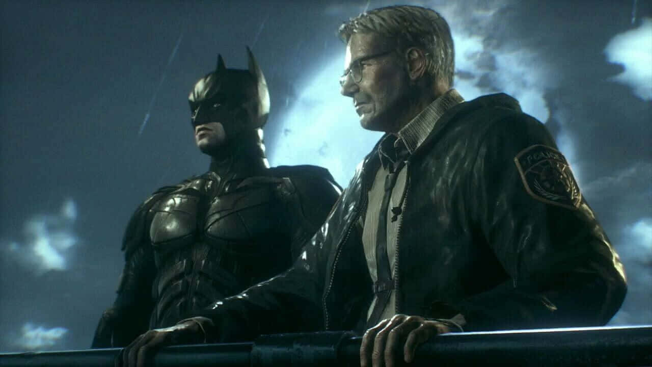 Commissioner Gordon 桌布 壁紙 — 蝙蝠俠和一個穿著警察外套的男人在暴風雨的夜空下並肩站在屋頂上。