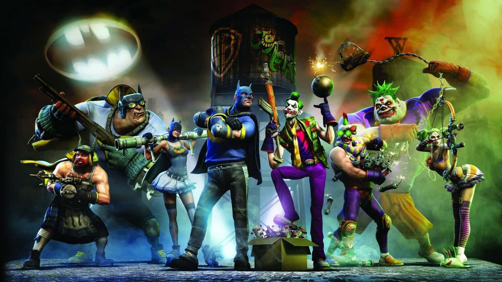 Supervillain Team-up 桌布 壁紙 — 蝙蝠俠和他的反派畫廊在一個發光的蝙蝠標誌下，威風凜凜地站在一個骯髒的城市小巷中。