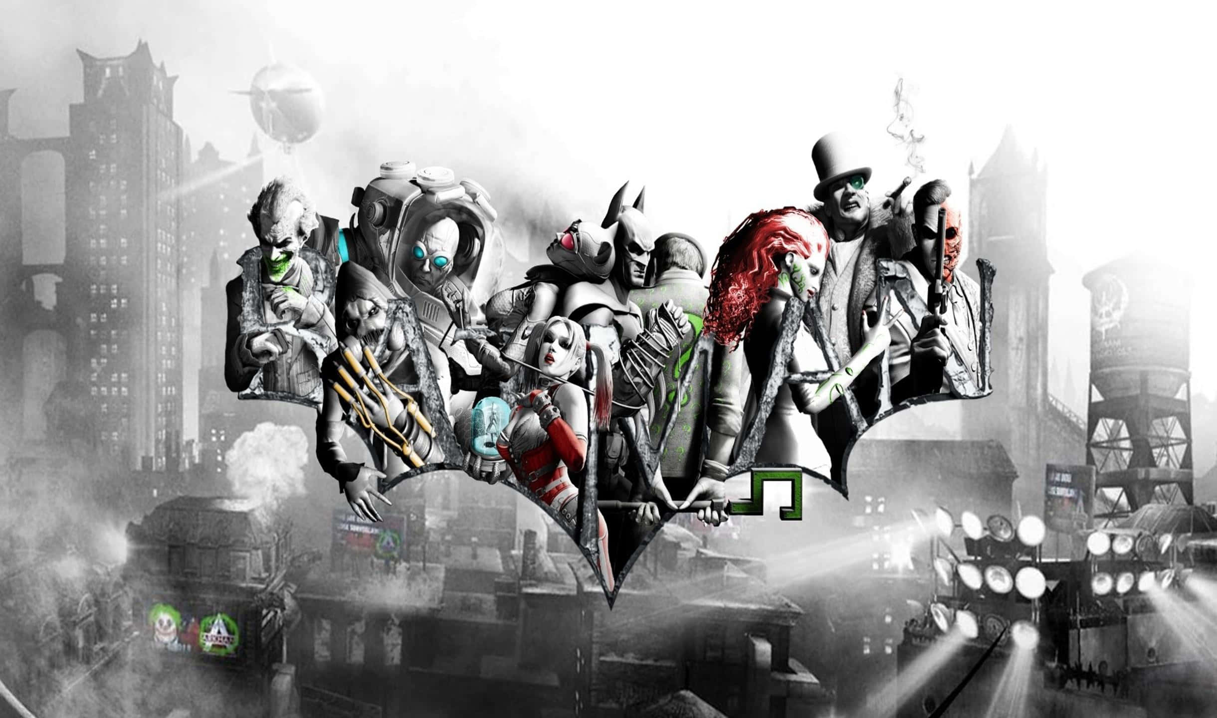 2440x1440 Batman Arkham City 桌布 壁紙 — 蝙蝠俠和他的反派畫廊在戲劇性燈光和風格化反派剪影下，翱翔於 gritty 單色高譚市景觀之上。