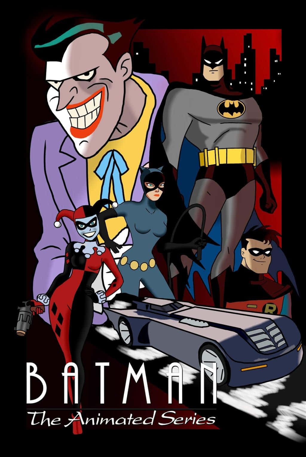 Batman Animated Adventures 桌布 壁紙 — 蝙蝠俠和他的盟友在風格化的動畫城市景觀中挑釁地對抗小丑。