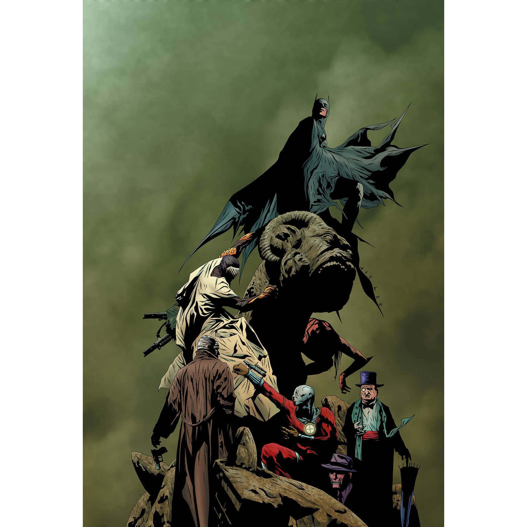 Batman War Games 桌布 壁紙 — 蝙蝠俠和其他標誌性反派站在岩石露頭上，背景是渾濁的綠色天空，一幅戲劇性的漫畫插圖。