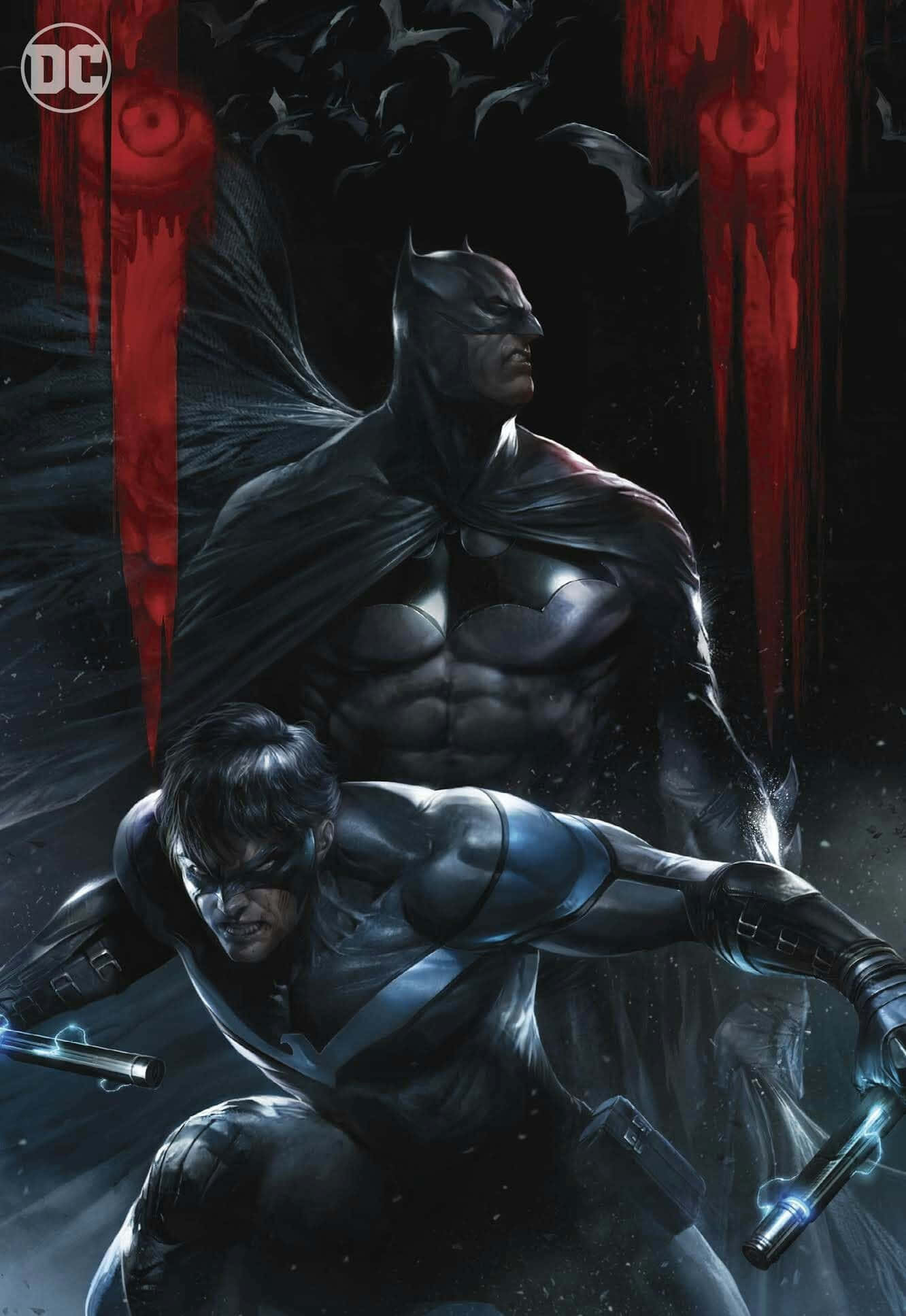 Batman Reborn 桌布 壁紙 — 蝙蝠俠和夜翼站在一個黑暗、不祥的場景中，有紅色滴落的牆壁和蝙蝠在頭頂飛翔。
