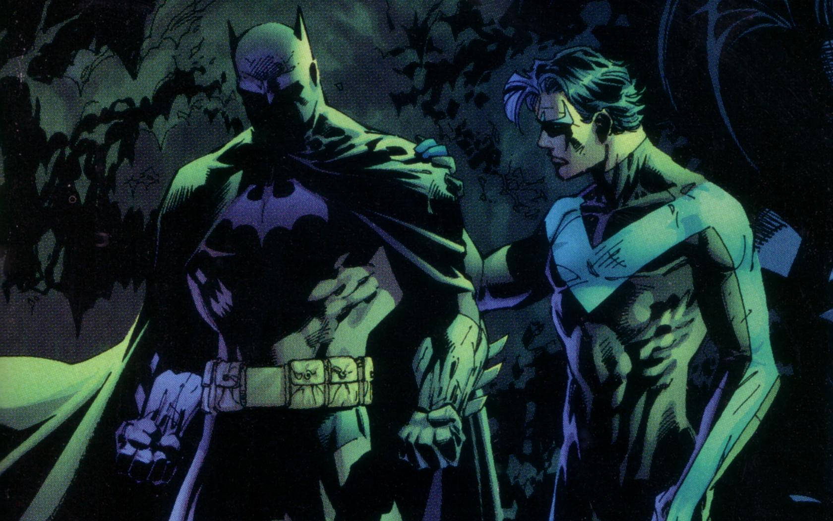 Nightwing 桌布 壁紙 — 蝙蝠俠和夜翼站在陰影的黑暗中，蝙蝠在他們周圍飛翔，營造出憂鬱的漫畫場景。