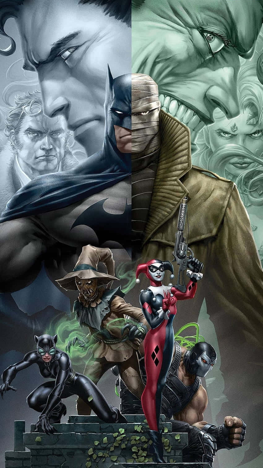 Marvel Vs Dc Universe 桌布 壁紙 — 蝙蝠俠和小丑女以粗獷的漫畫風格，在威脅性的反派面孔背景下挑釁地站立。
