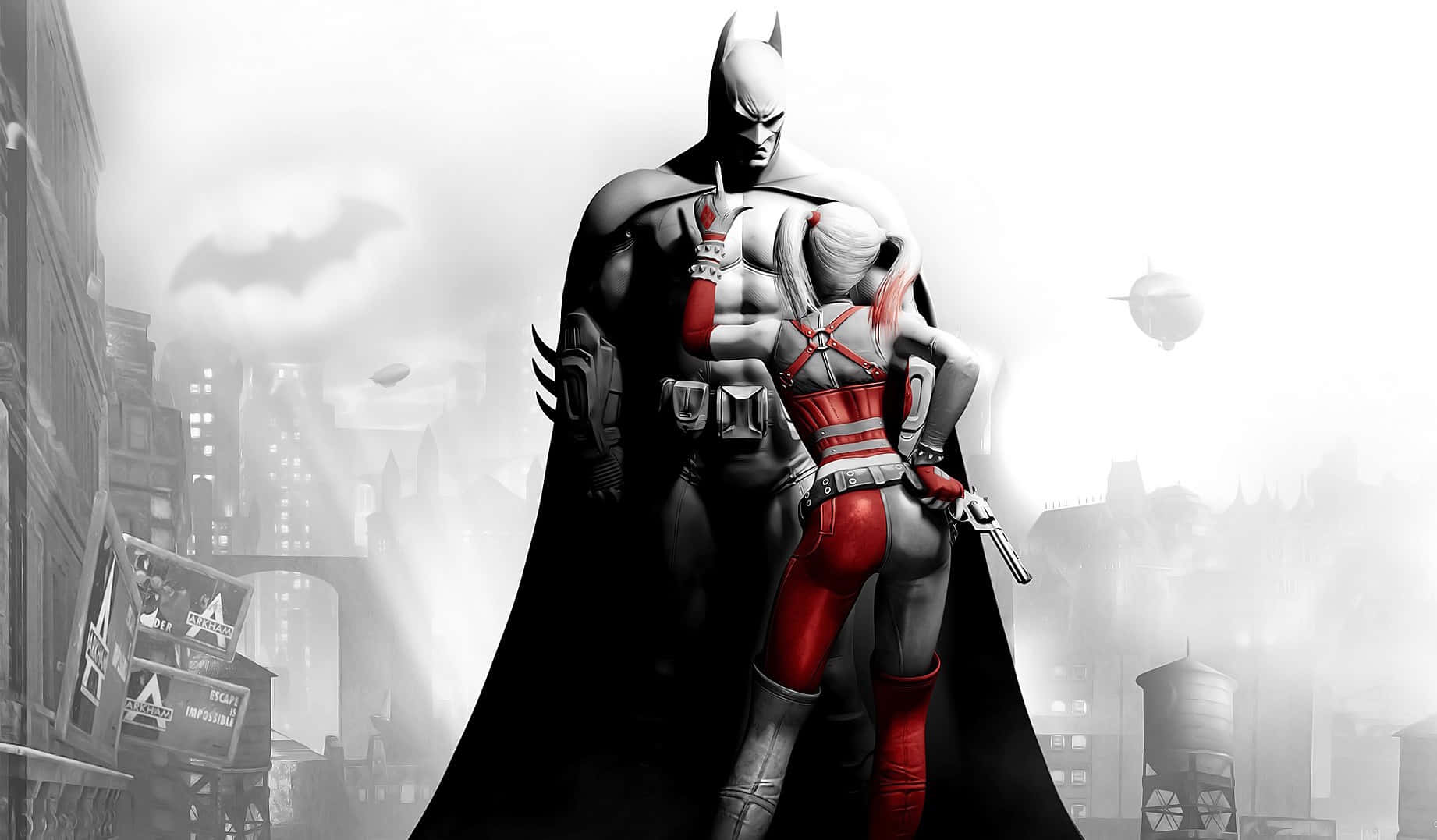 Harley Quinn And Batman 桌布 壁紙 — 蝙蝠俠和小丑女在單色高譚市景觀中並肩站立，帶有紅色點綴和天空中的蝙蝠標誌。