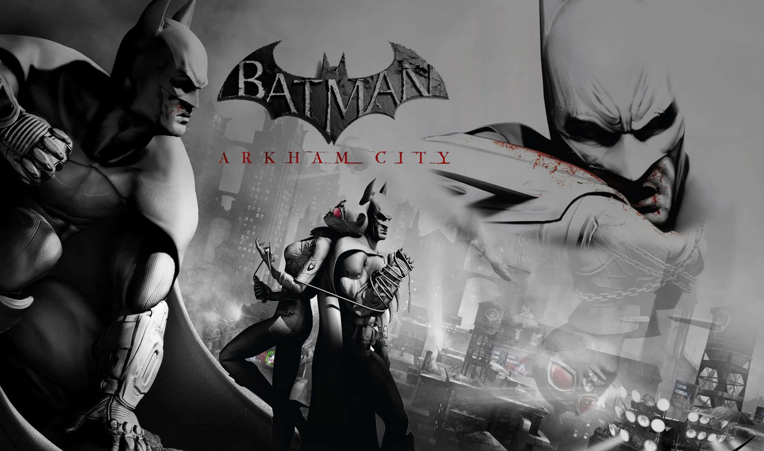 2440x1440 Batman Arkham City 桌布 壁紙 — 蝙蝠俠和小丑女在暴風雨的天空下，挑釁地站在粗獷的高譚市天際線中，阿卡漢城的標誌在上方隱現。