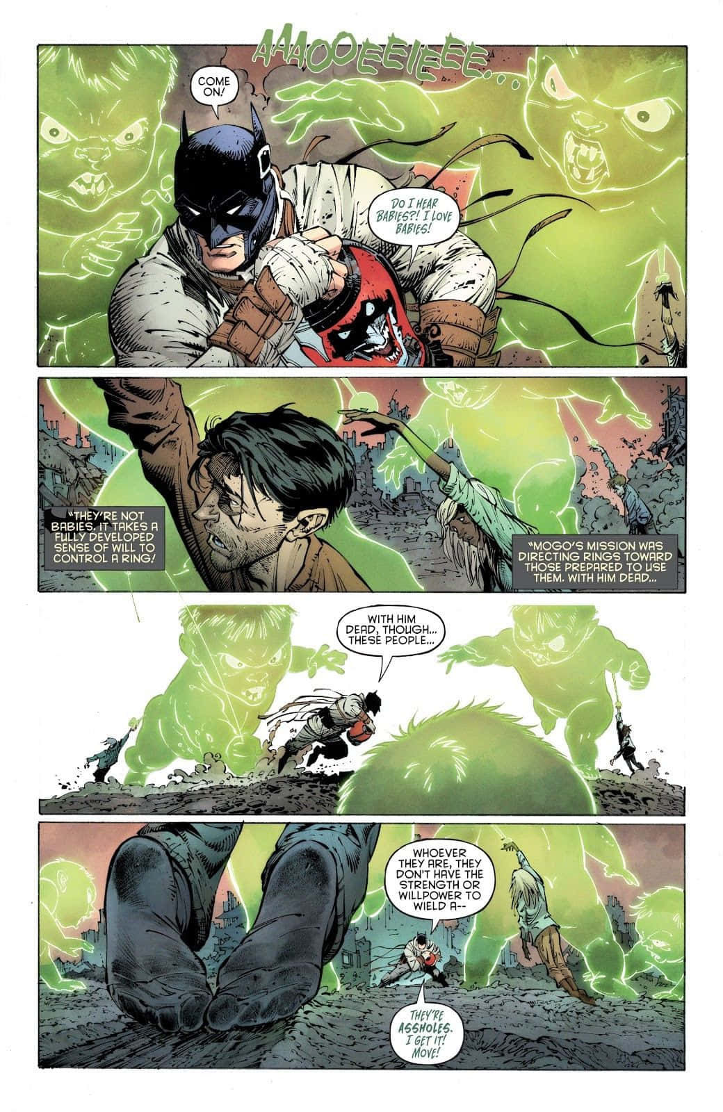 Batman Last Knight On Earth 桌布 壁紙 — 蝙蝠俠和紅頭罩在帶有對話氣泡的漫畫書面板中與發光的綠色怪物實體戰鬥。
