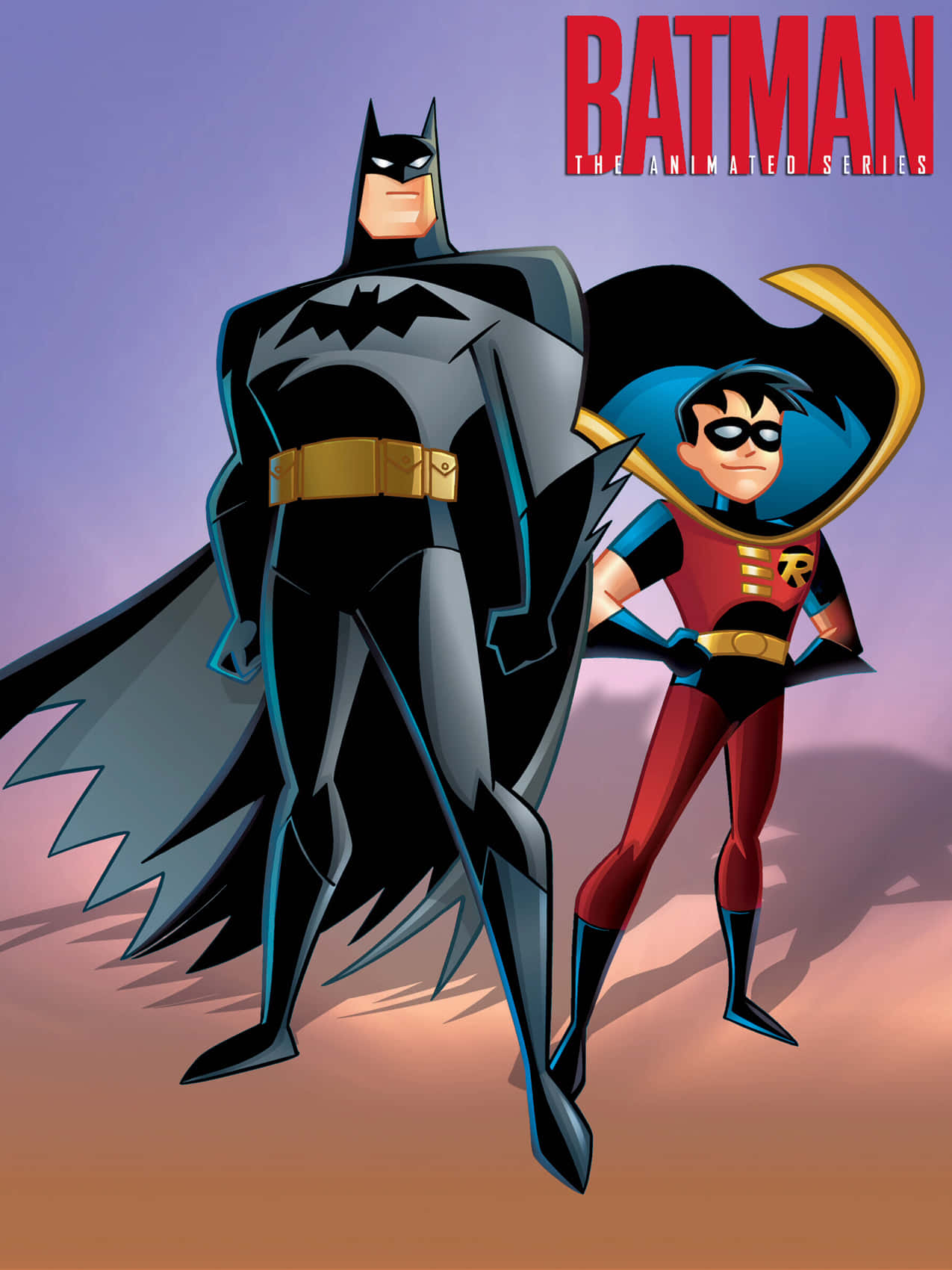 Batman Animated Adventures 桌布 壁紙 — 蝙蝠俠和羅賓以他們標誌性的動畫系列服裝英勇地站在紫色和橙色的漸變背景前。