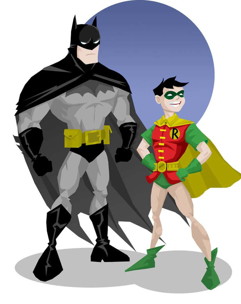 Batman And Robin 桌布 壁紙 — 蝙蝠俠和羅賓以他們標誌性的服裝自信地站在簡單的藍色圓形背景前。