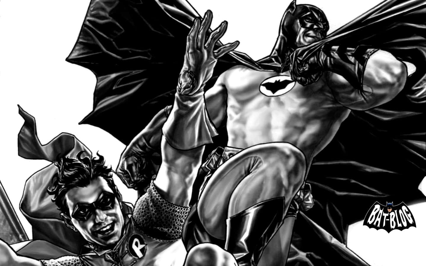 Batman Black And White 桌布 壁紙 — 蝙蝠俠和羅賓以動態黑白漫畫藝術姿勢呈現，披風飄逸，表情強烈。