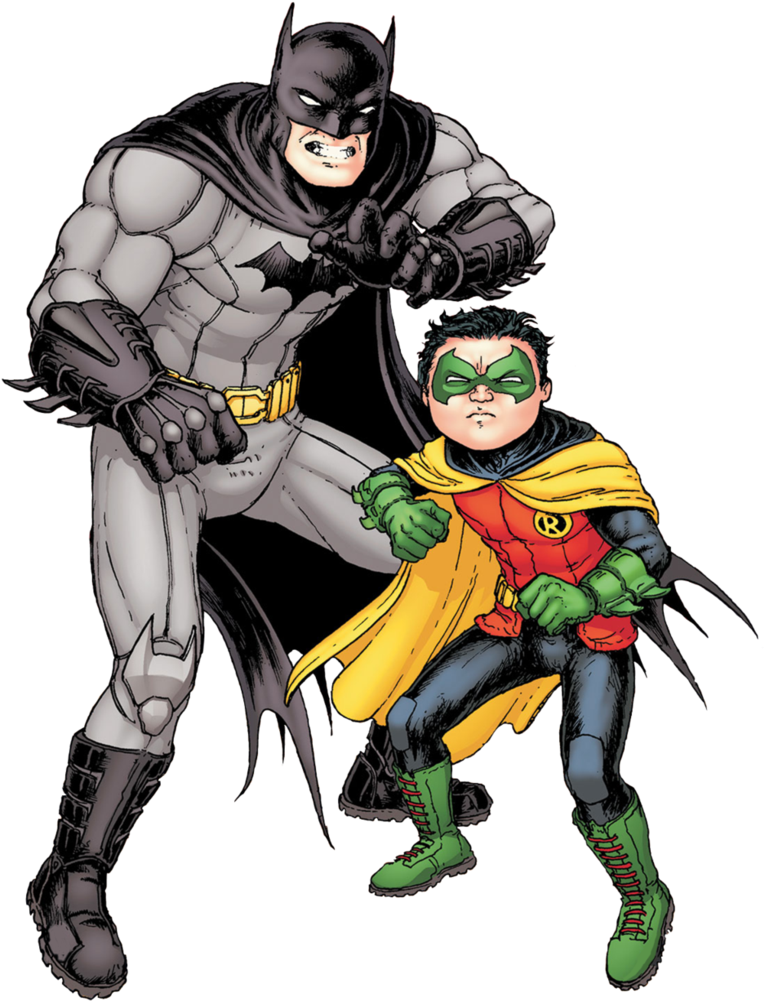 robin 桌布 壁紙 — 蝙蝠俠和羅賓以英雄姿態站在黑色背景前，蝙蝠俠以強烈的表情俯視羅賓。