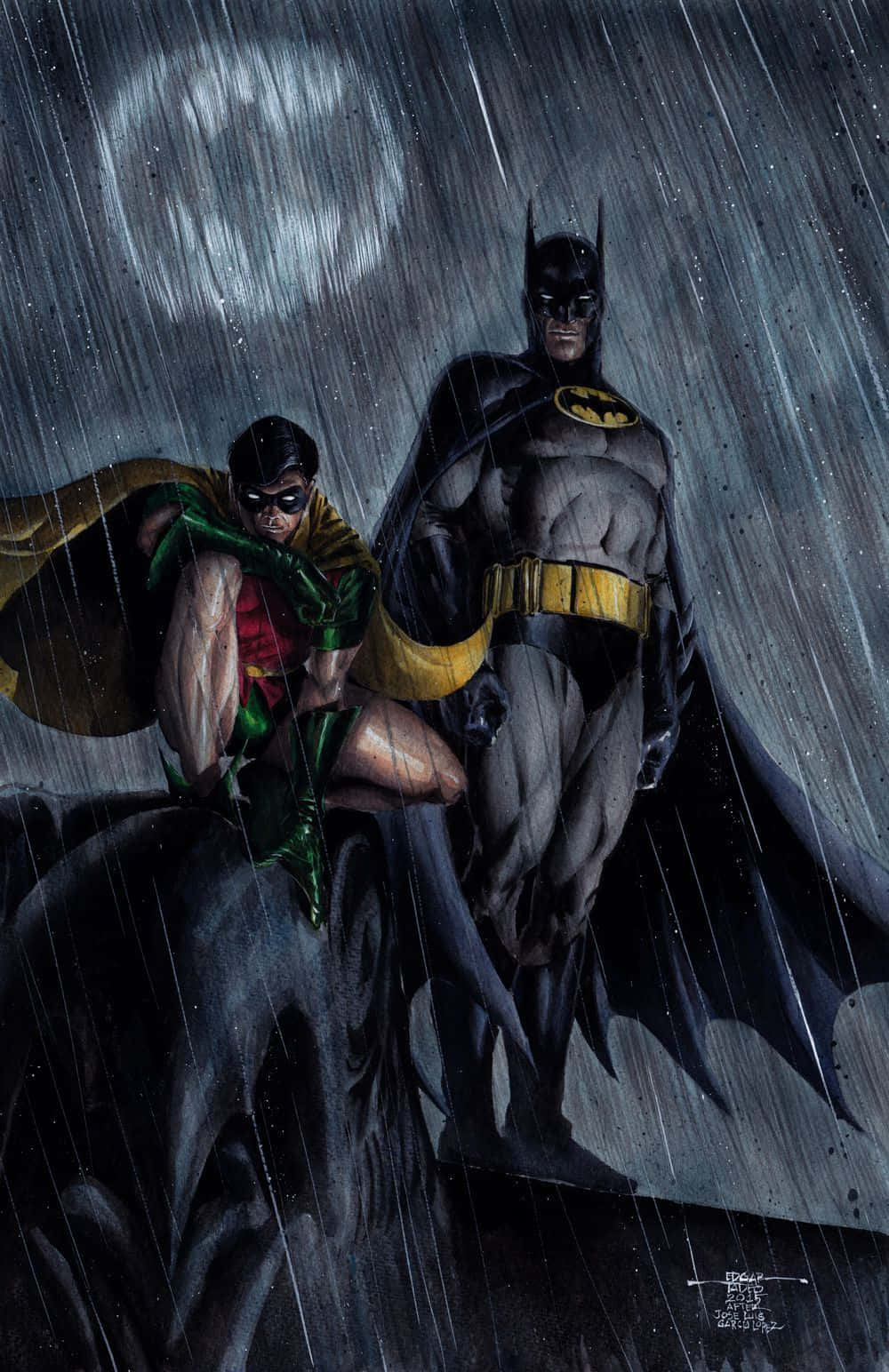 Batman Vs Robin 桌布 壁紙 — 蝙蝠俠和羅賓在傾盆大雨中堅定地站立，蝙蝠信號在他們身後閃耀，映襯著暴風雨的夜空。