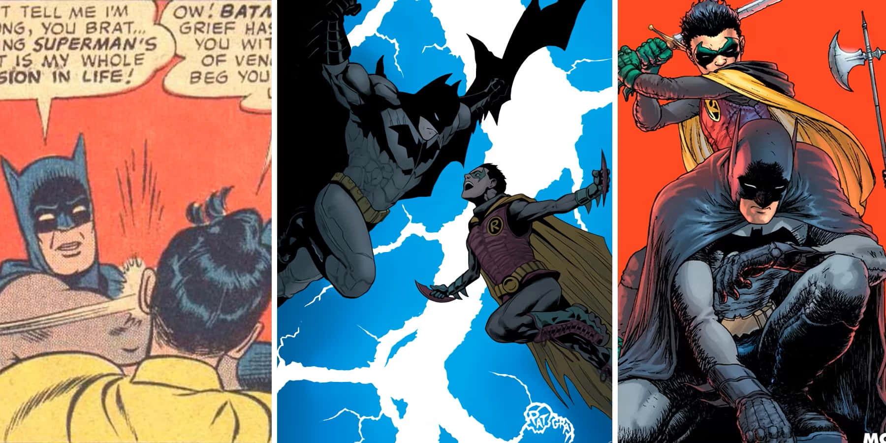 Batman Vs Robin 桌布 壁紙 — 蝙蝠俠和羅賓在動態漫畫面板中，以鮮豔色彩和戲劇性姿勢，面對暴風雨的天空和對話氣泡。