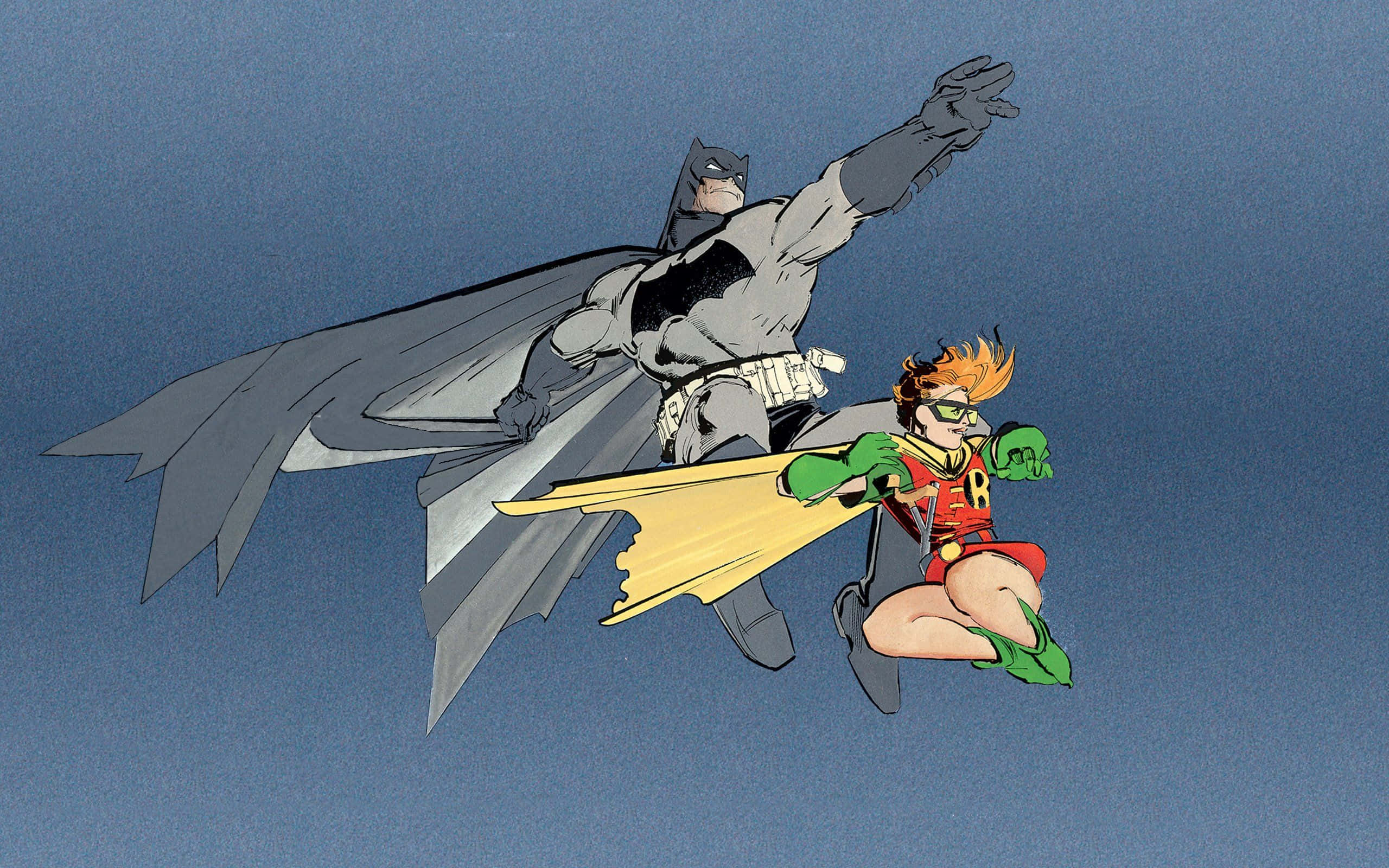 Batman The Dark Knight Returns 桌布 壁紙 — 蝙蝠俠和羅賓在湛藍的天空中翱翔，蝙蝠俠的披風在他們身後飄揚。