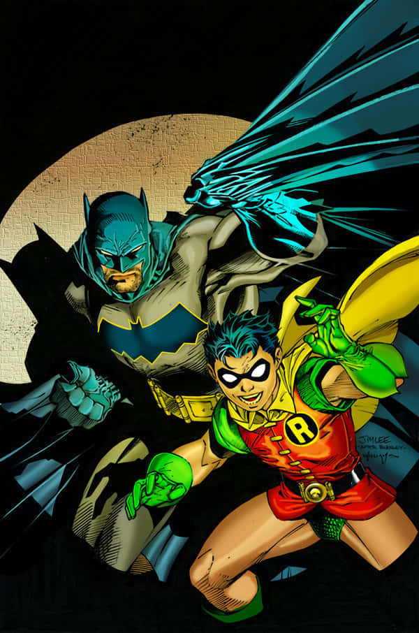 Batman Vs Robin 桌布 壁紙 — 蝙蝠俠和羅賓在滿月背景下以大膽的漫畫藝術動態擺姿勢。