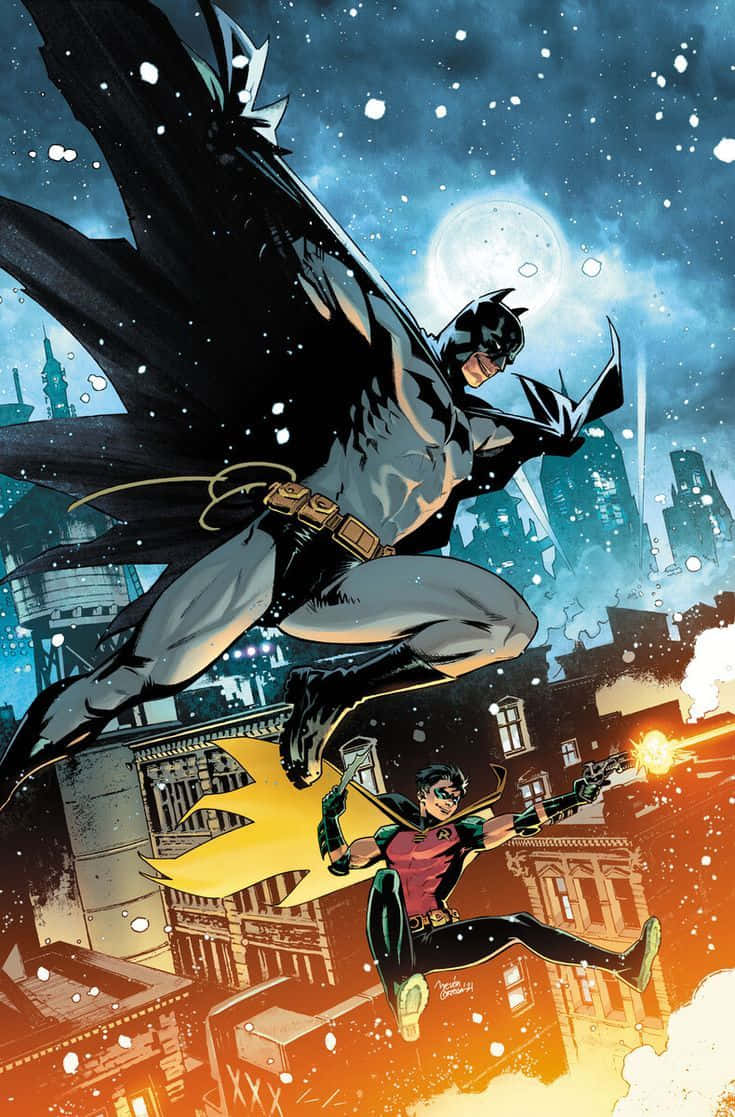Batman The New 52 桌布 壁紙 — 蝙蝠俠和羅賓在積雪的高譚市夜空中翱翔，下方是閃爍的城市景觀。