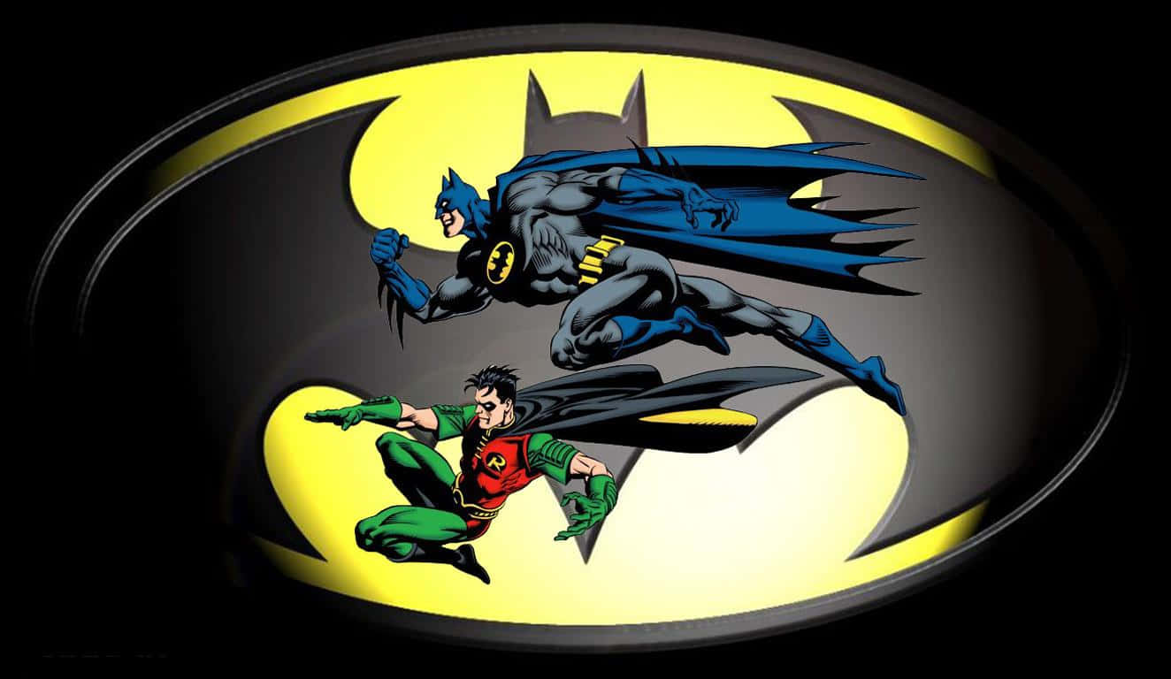 Batman Vs Robin 桌布 壁紙 — 蝙蝠俠和羅賓在黑暗背景中發光的黃色蝙蝠標誌內動態翱翔。