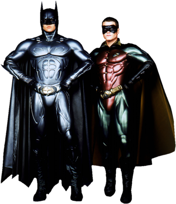 robin 桌布 壁紙 — 蝙蝠俠和羅賓自信地穿著時尚的裝甲服裝，站在黑色背景前，燈光效果戲劇化。