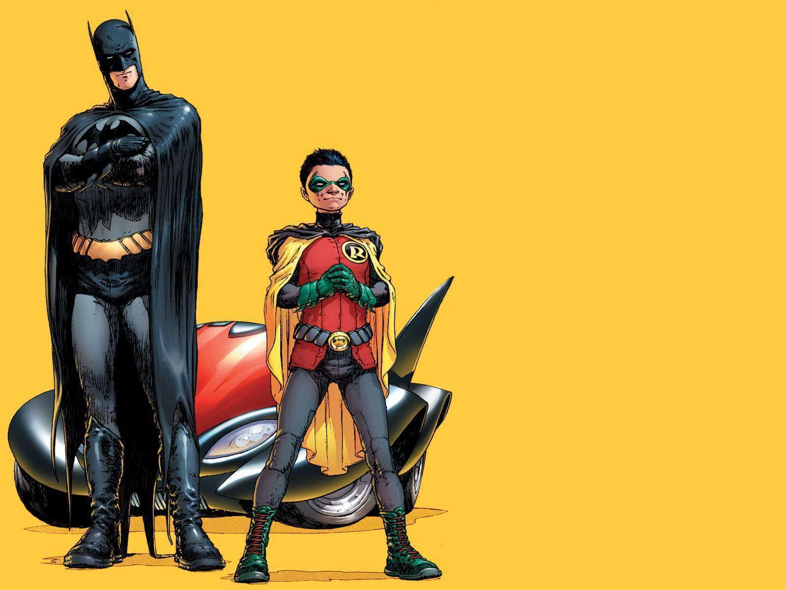 Batman And Robin 桌布 壁紙 — 蝙蝠俠和羅賓自信地站在一輛時尚的紅黑色車輛旁邊，背景為純黃色。