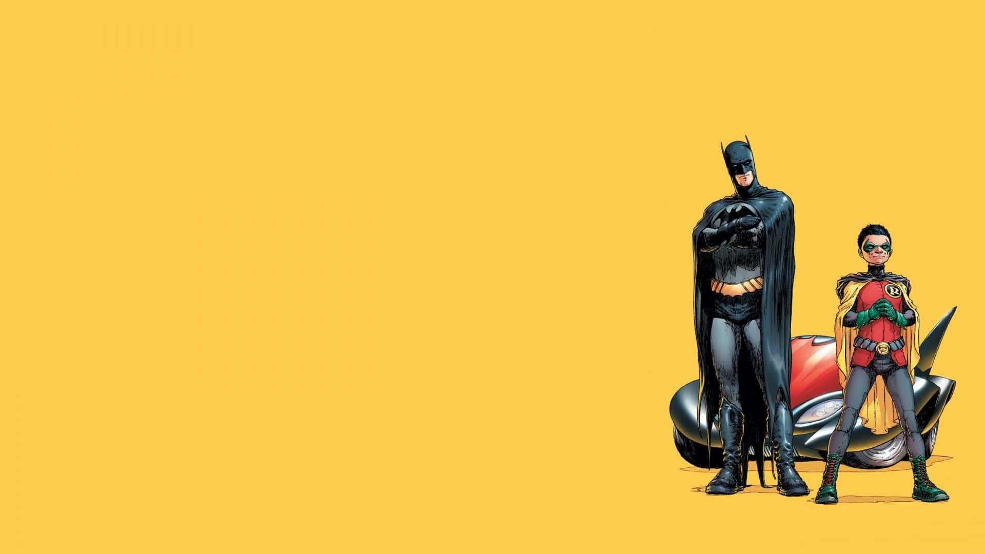 Batman Cartoon 桌布 壁紙 — 蝙蝠俠和羅賓自信地站在蝙蝠車旁邊，背景為純黃色。