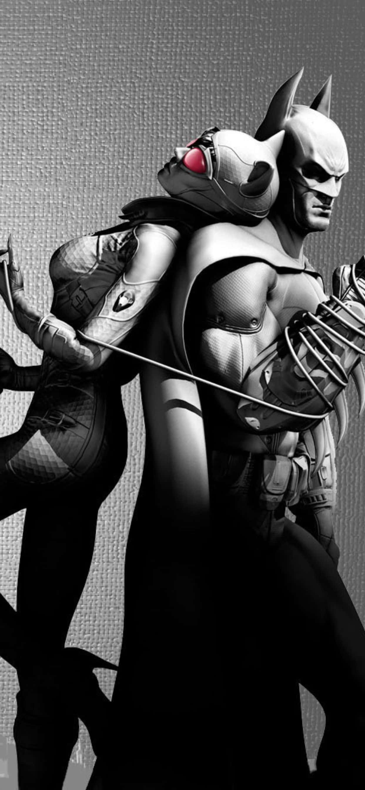 iPhone Xs Max Batman Arkham City 桌布 壁紙 — 蝙蝠俠和貓女以單色呈現，一隻發光的紅色眼睛突顯了他們強烈的動態姿勢。