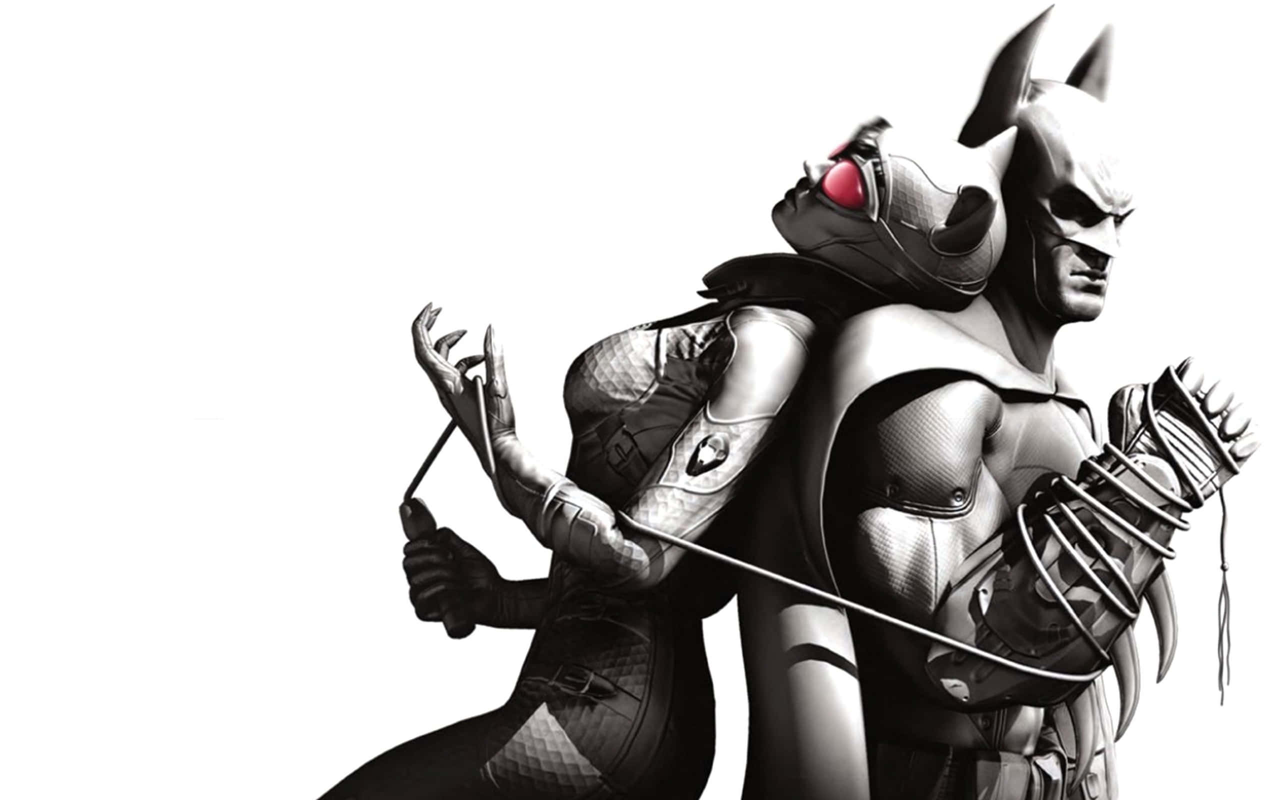 Batman Arkham City 桌布 壁紙 — 蝙蝠俠和貓女以單色搭配紅色點綴，在純白背景上動態擺姿勢。
