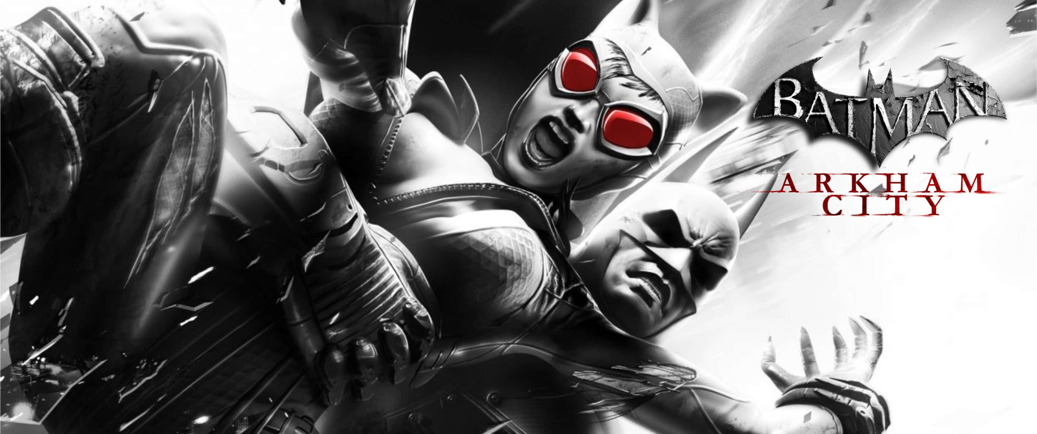 3440x1440p Batman Arkham City 桌布 壁紙 — 蝙蝠俠和貓女在 gritty 黑白漫畫風格中衝突，帶有紅色發光的眼睛和動態運動線條。