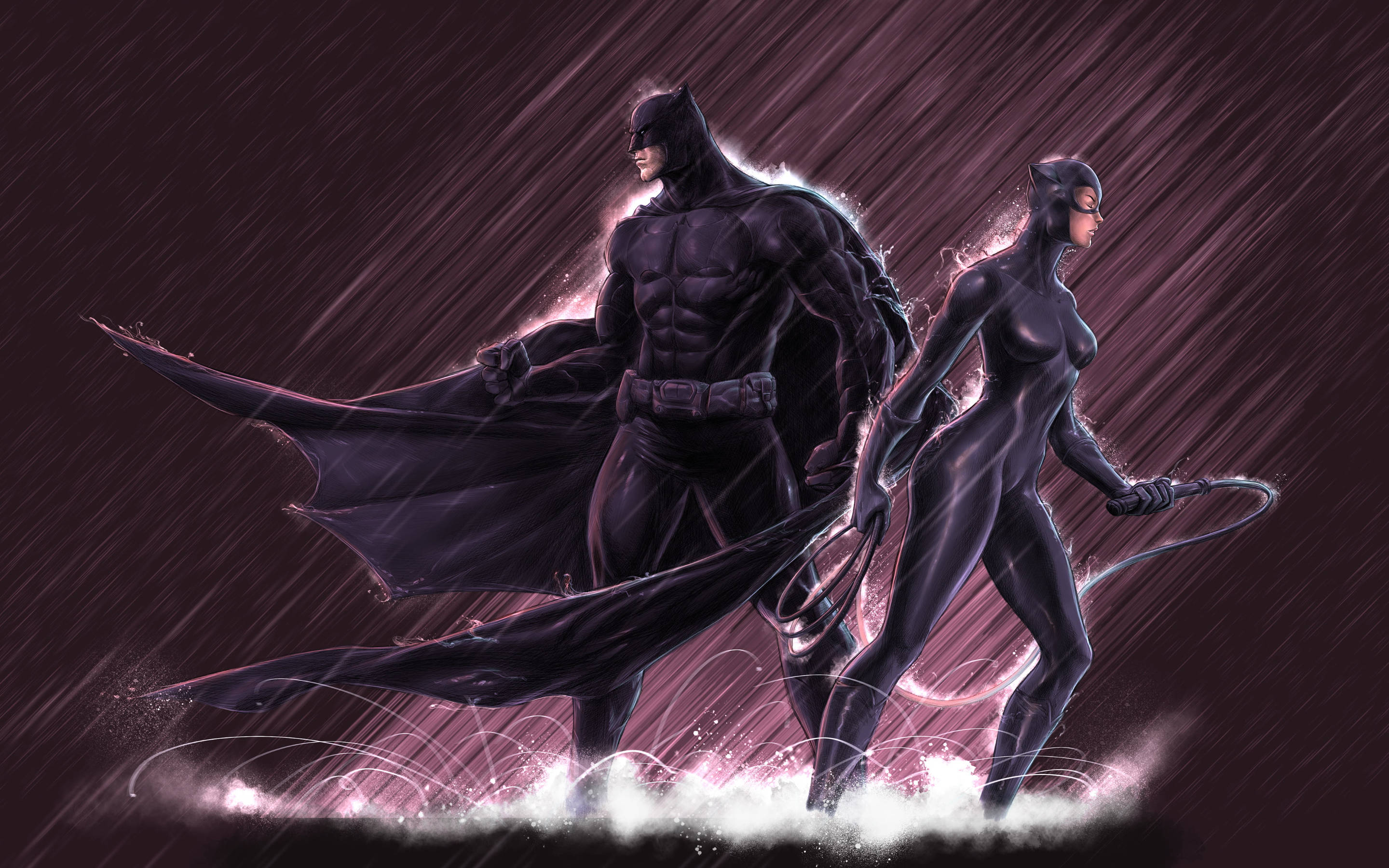 Catwoman 桌布 壁紙 — 蝙蝠俠和貓女在暴風雨的紫色雨中站穩，發光的能量在他們周圍旋轉。