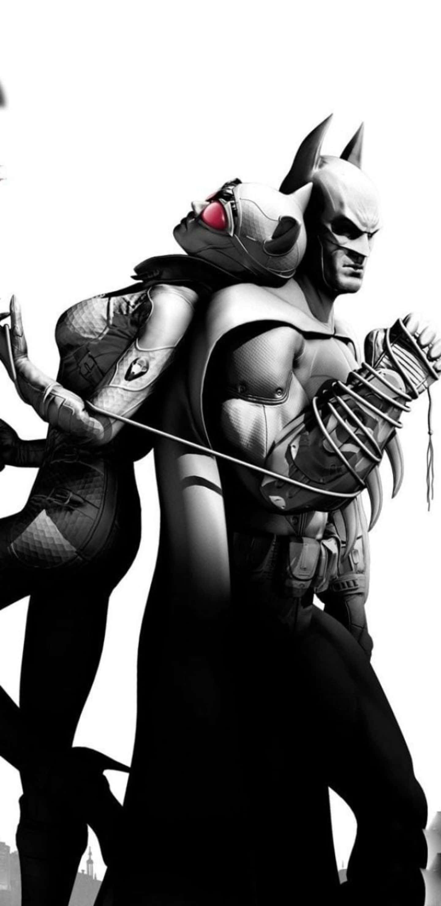 Pixel 3xl Batman Arkham City 桌布 壁紙 — 蝙蝠俠和貓女在純白色背景前，以強烈的黑白對比呈現，配備紅色發光眼睛和戰術裝備。