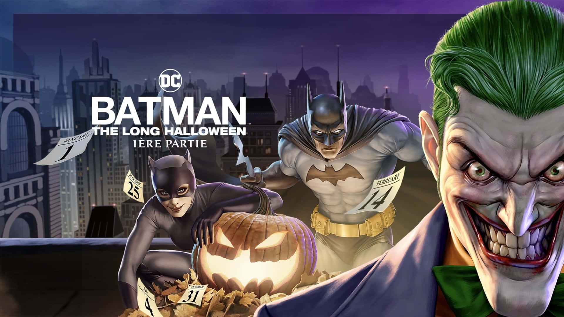 Batman The Long Halloween 桌布 壁紙 — 蝙蝠俠和貓女在萬聖節主題的高譚市天際線中，與漂浮的日曆頁面一起對抗小丑。