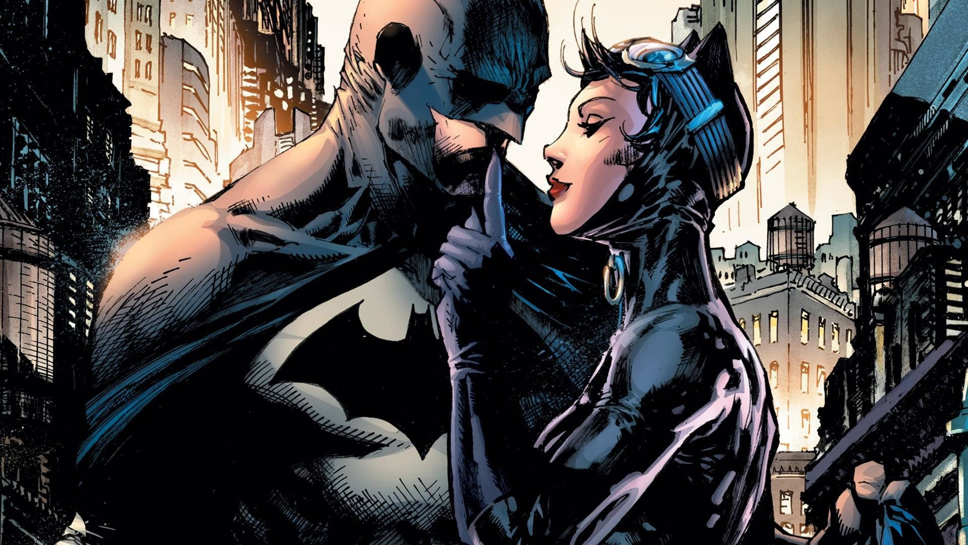 Catwoman 桌布 壁紙 — 蝙蝠俠和貓女在陽光明媚的高譚市小巷中，在聳立的建築物之間分享一個緊張的時刻。