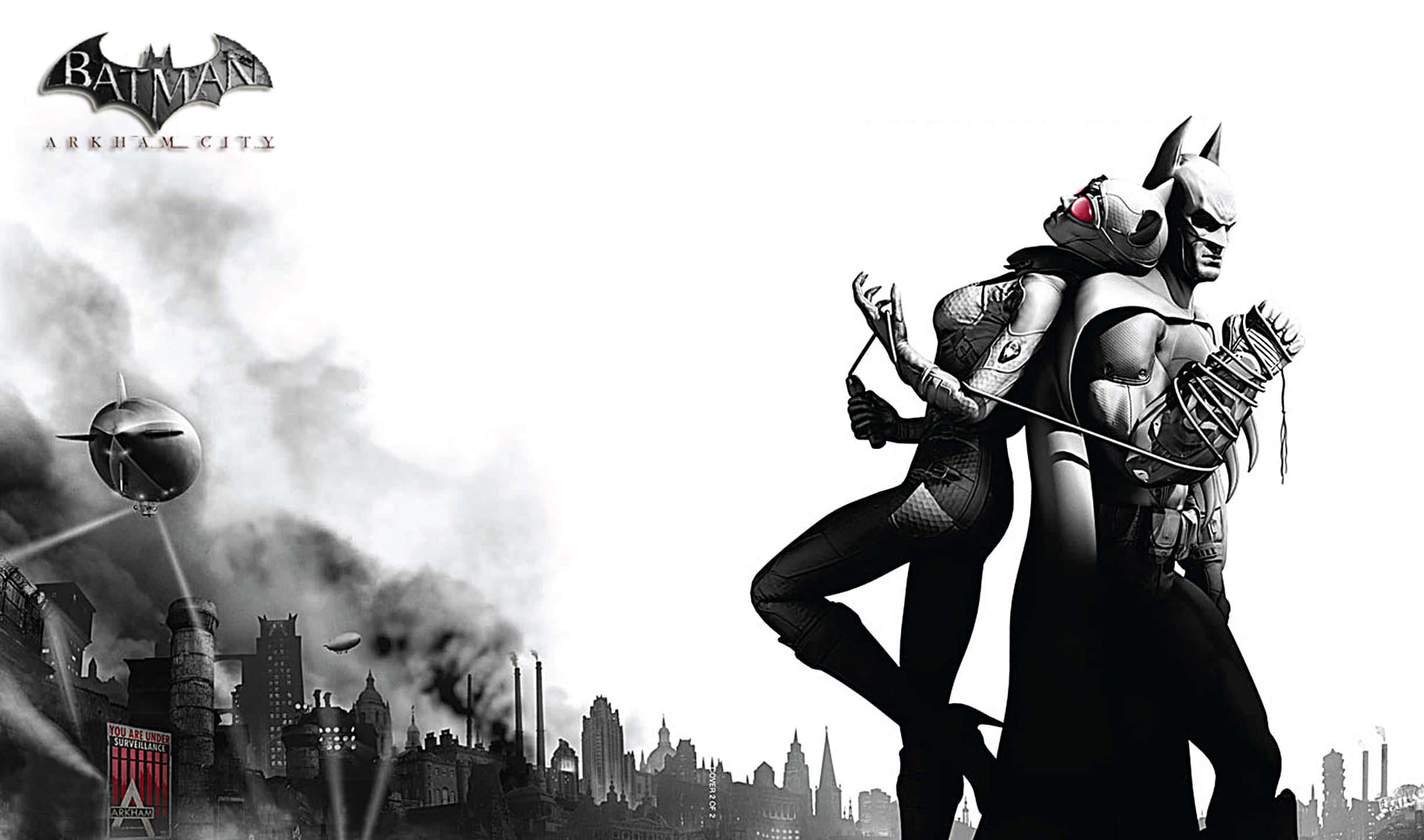 2440x1440 Batman Arkham City 桌布 壁紙 — 蝙蝠俠和貓女在高譚市煙霧瀰漫的天際線前擺好姿勢，頭頂有飛行車輛。