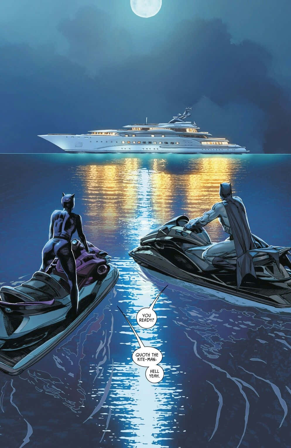 Batman Reborn 桌布 壁紙 — 蝙蝠俠和貓女在黑暗的水面上，滿月下駕駛水上摩托車駛向一艘閃閃發光的豪華遊艇。