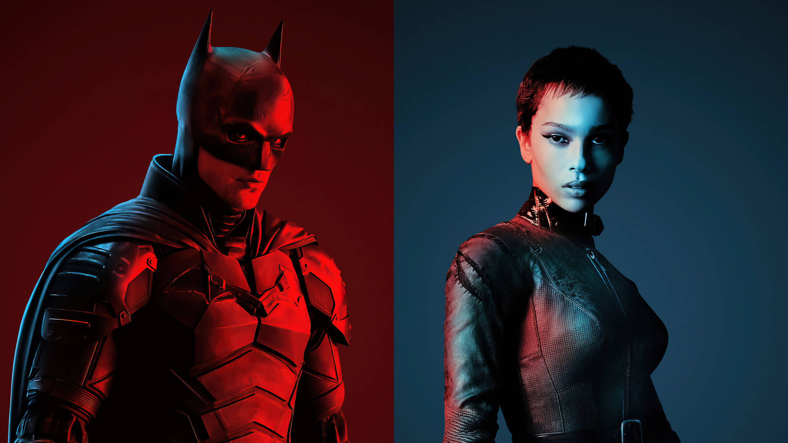 Catwoman 桌布 壁紙 — 蝙蝠俠和貓女站在戲劇性的分割畫面中，沐浴在紅色和藍色燈光下，背景為純色。