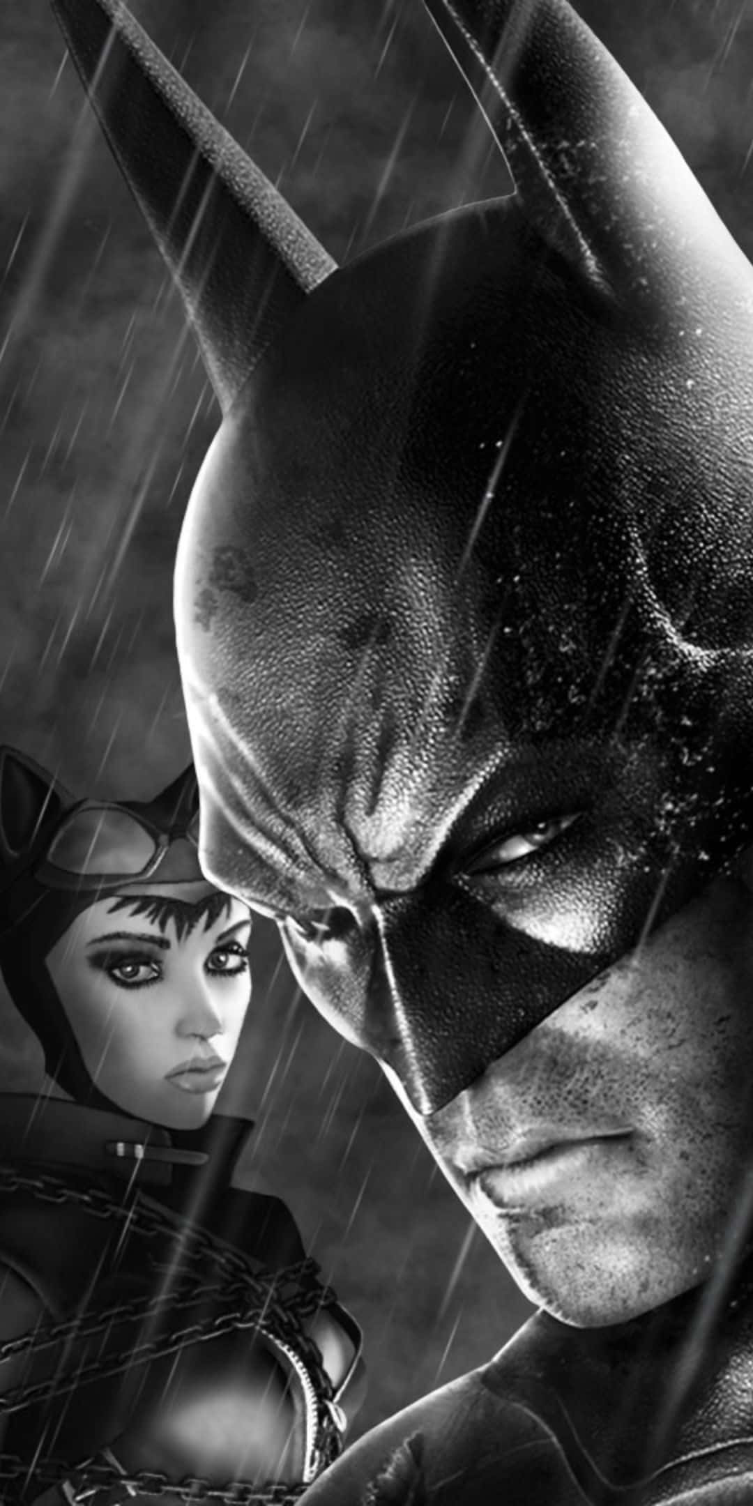 Pixel 3 Batman Arkham City 桌布 壁紙 — 蝙蝠俠和貓女站在被雨水浸透的城市小巷中，以粗獷的黑白漫畫風格呈現。