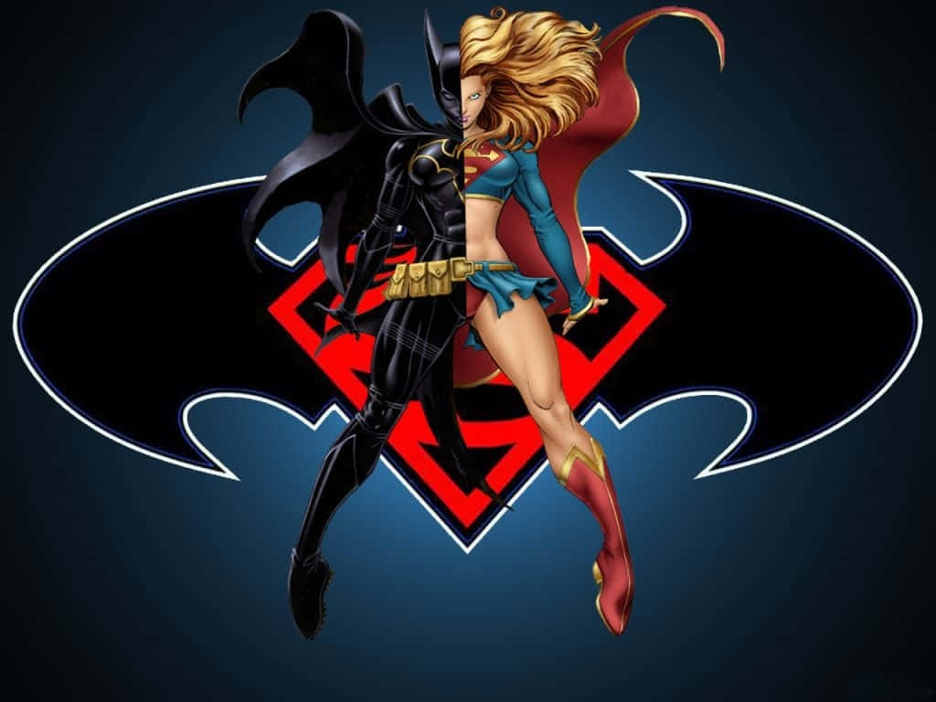 Animated Superhero Movies 桌布 壁紙 — 蝙蝠俠和超級女孩以動態姿勢背靠背站立，背景是發光的蝙蝠信號。