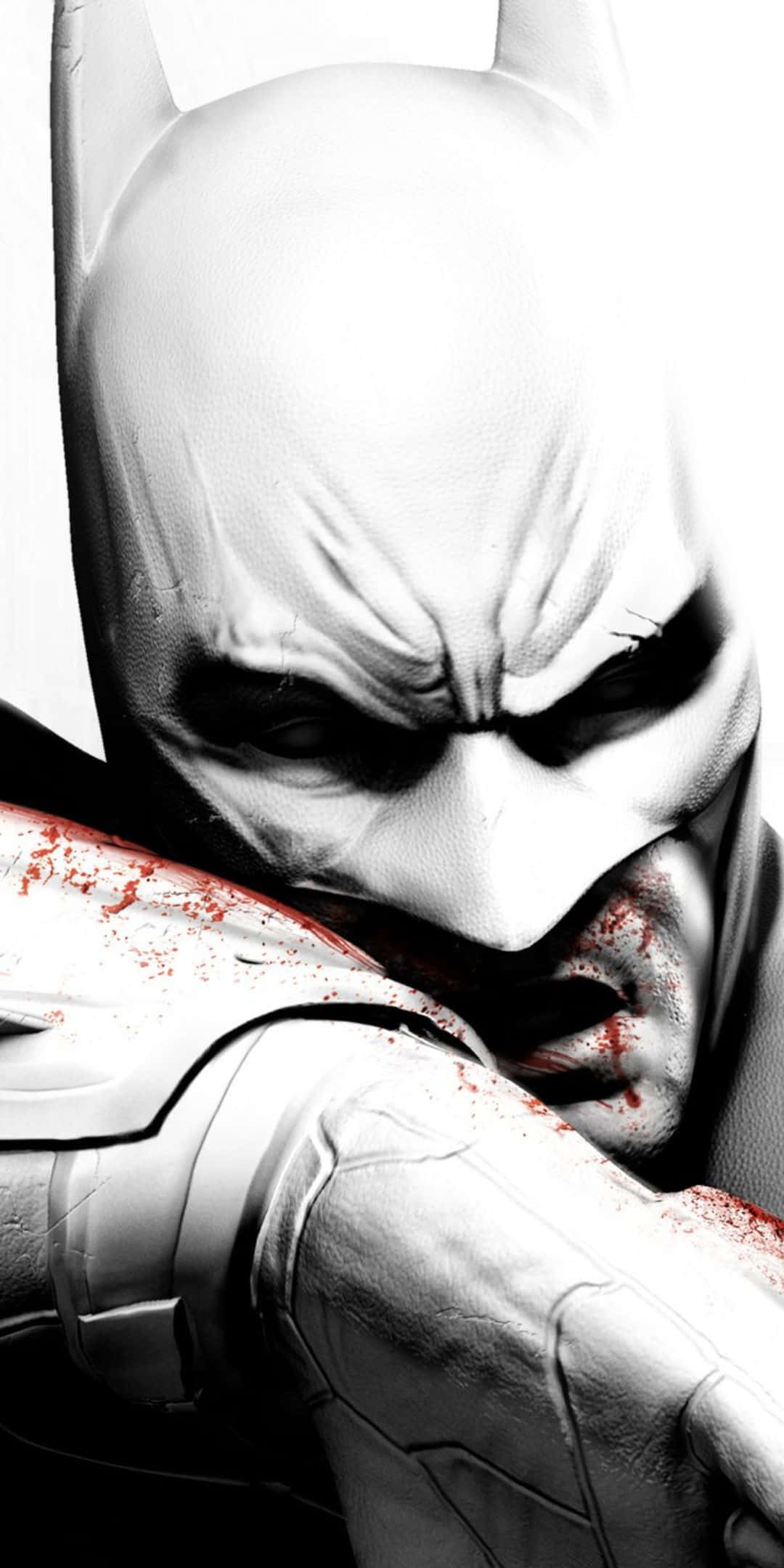 Pixel 3 Batman Arkham City 桌布 壁紙 — 蝙蝠俠單色調的陰沉面孔，血跡濺在他的裝甲胸甲和護手上。