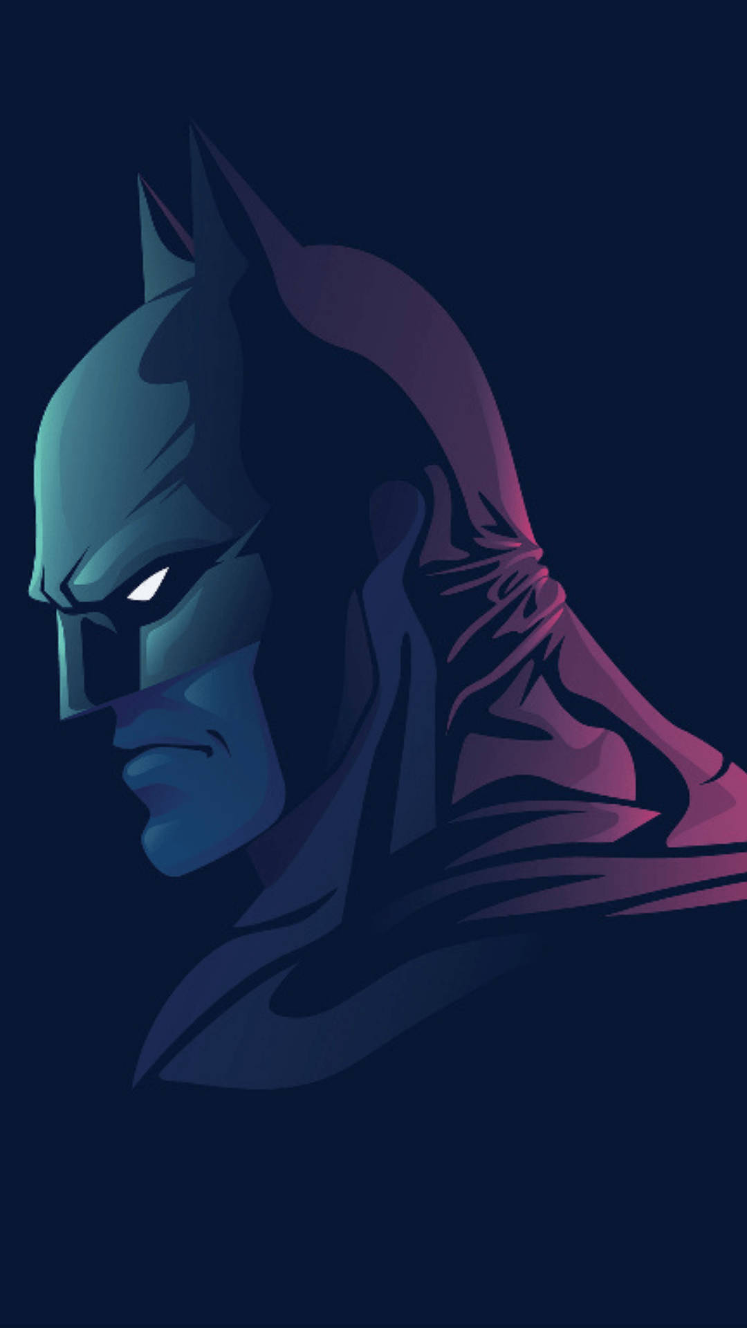 The Batman iPhone 桌布 壁紙 — 蝙蝠俠嚴肅的側面輪廓在深色背景上散發著藍色和紫色的光芒。
