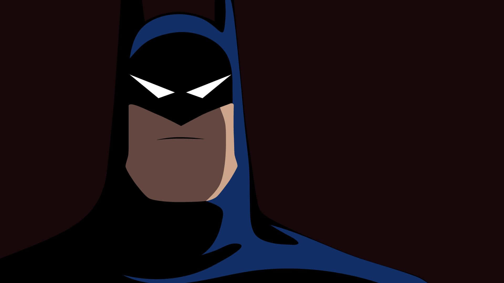 Batman Cartoon 桌布 壁紙 — 蝙蝠俠嚴肅的臉孔，深藍色頭罩，深栗色背景，銳利的白色眼睛。