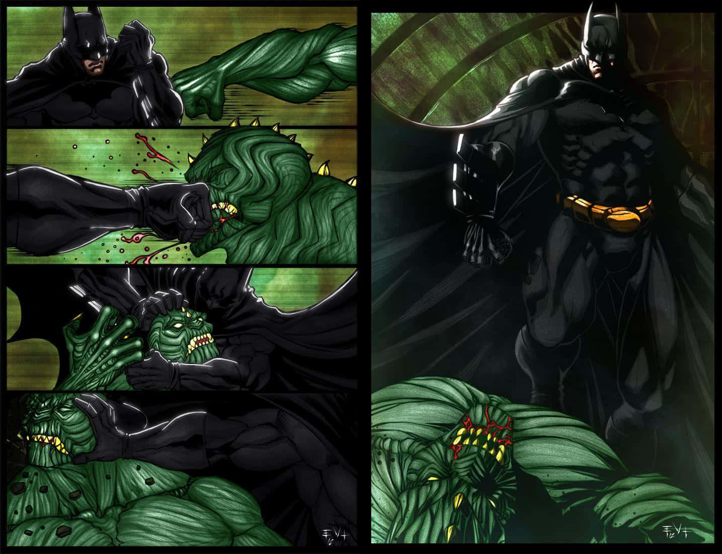 Killer Croc 桌布 壁紙 — 蝙蝠俠在 gritty 漫畫書面板序列中與一個怪異的綠色反派戰鬥，具有戲劇性的燈光和激烈的動作。