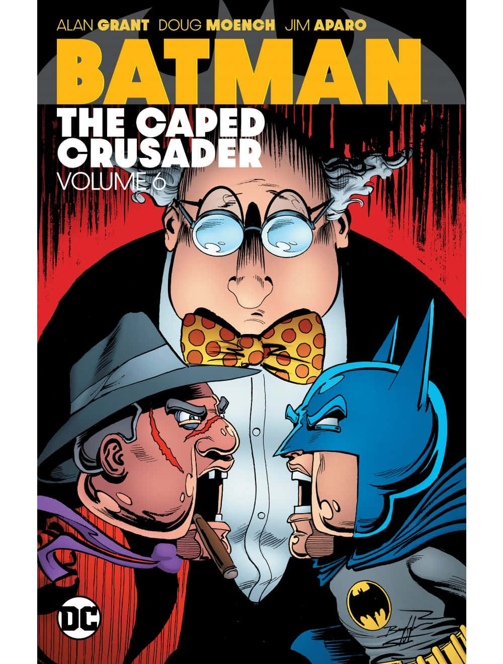 The Caped Crusader 桌布 壁紙 — 蝙蝠俠在一個大膽的紅黑背景的戲劇性漫畫書封面上對峙兩個威脅性的惡棍。