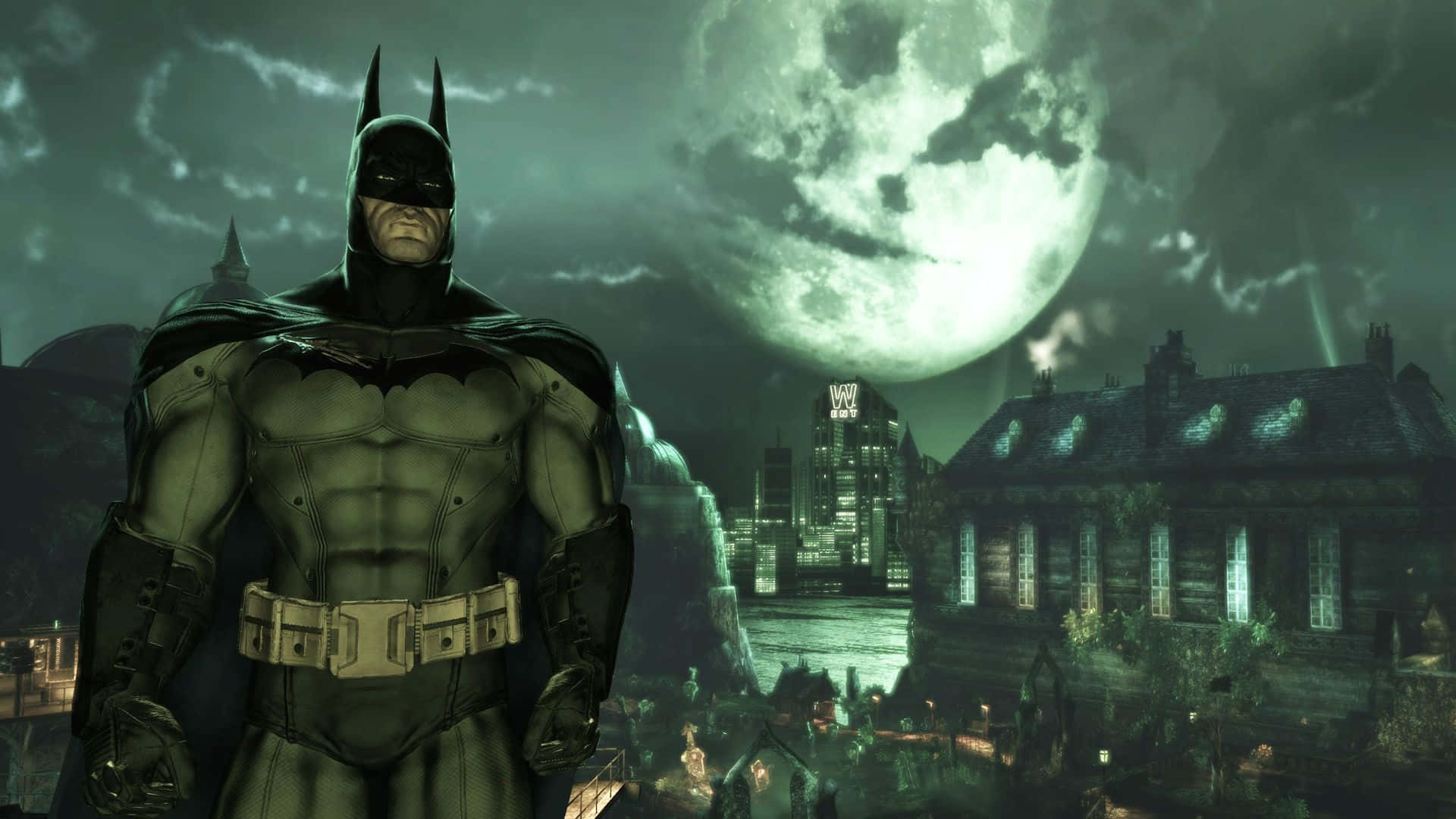 Arkham Asylum 桌布 壁紙 — 蝙蝠俠在一個巨大發光月亮下的黑暗哥德式城市中堅定站立，月亮散發出詭異的綠色光芒。