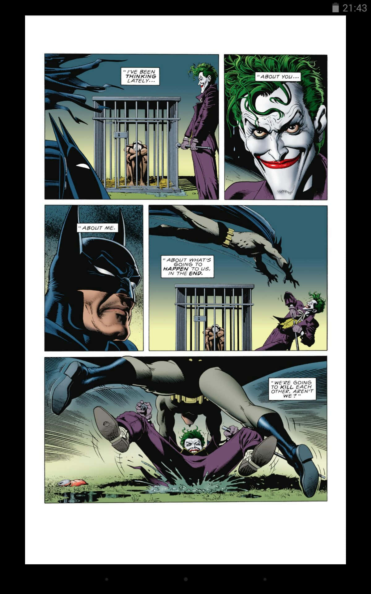 The Killing Joke 桌布 壁紙 — 蝙蝠俠在一個粗獷的漫畫格中與小丑對峙，充滿戲劇性的對話和動態的動作。