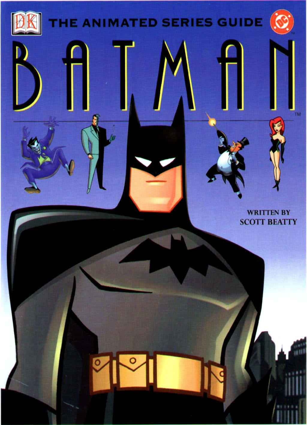 Batman Animated Adventures 桌布 壁紙 — 蝙蝠俠在一個風格化的動畫封面上突出站立，小丑和貓女等反派在他周圍漂浮，背景是城市天際線。