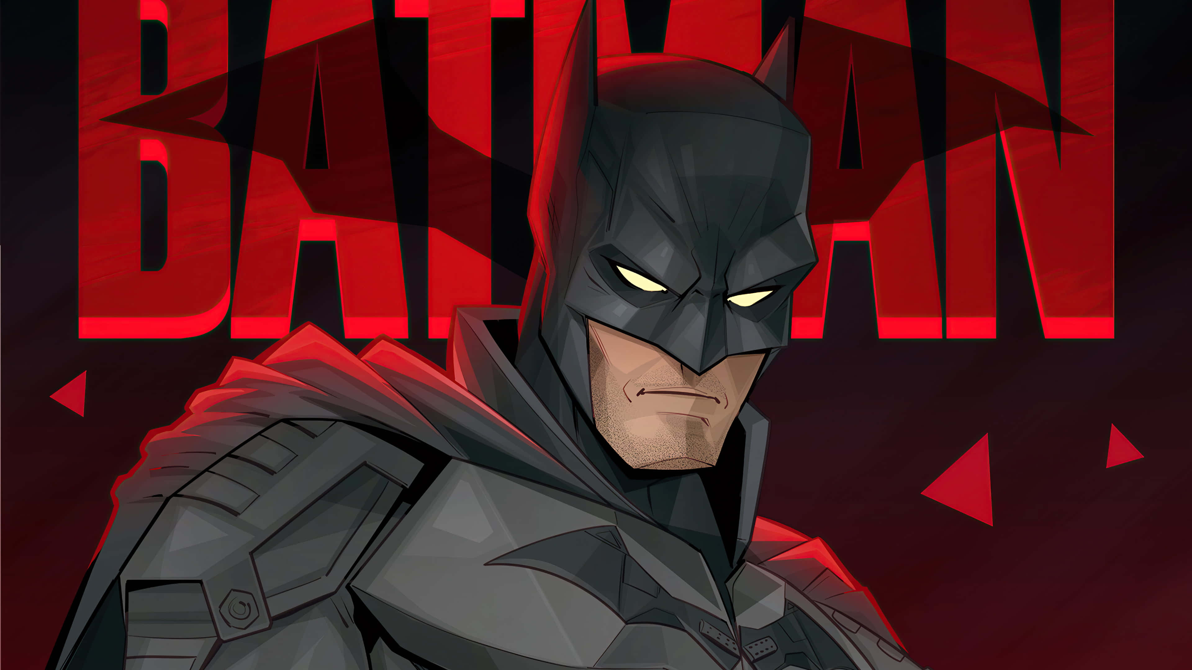 The Batman 桌布 壁紙 — 蝙蝠俠在一個風格化的數位藝術肖像中，以發光的黃色眼睛和粗體的紅色背景文字，凝視著。