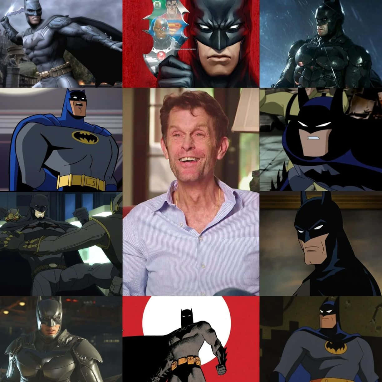 Kevin Conroy 桌布 壁紙 — 蝙蝠俠在不同媒體風格中的拼貼畫，包括真人版和動畫版，中央是演員米高·肯恩的照片。