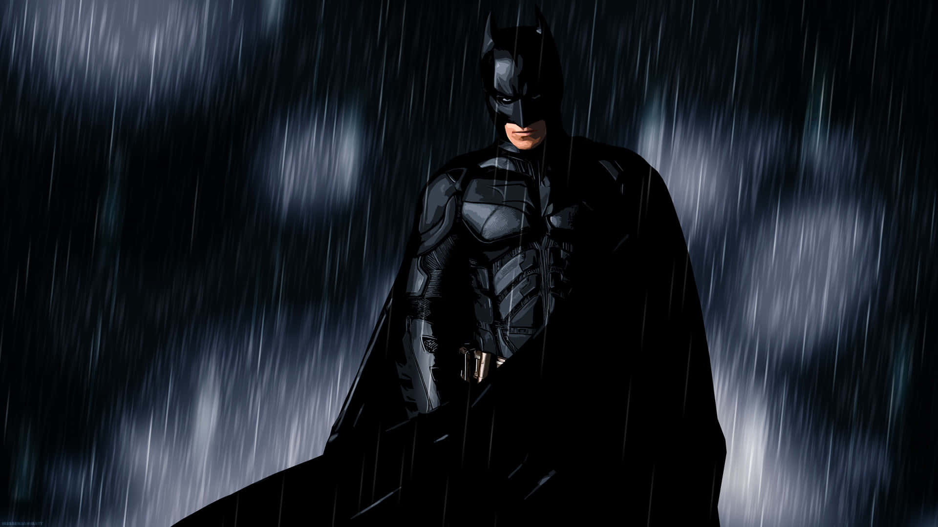 Batman Desktop 桌布 壁紙 — 蝙蝠俠在傾盆大雨中堅定站立，他的斗篷隨風飄揚，雨水劃過他身後黑暗的城市夜晚。
