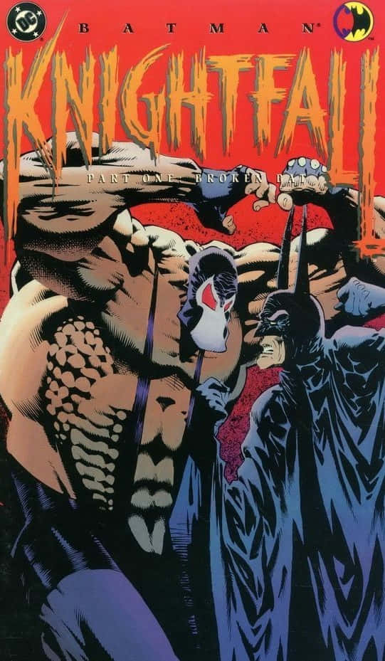 Batman Knightfall 桌布 壁紙 — 蝙蝠俠在充滿動感的漫畫書封面上，與一個肌肉發達的惡棍對峙，採用大膽的紅色和深色調。