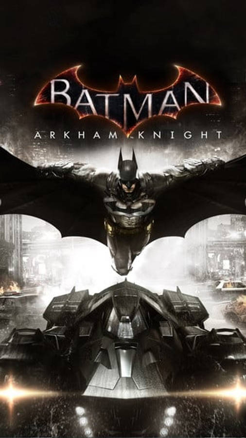 batman arkham city iPhone 桌布 壁紙 — 蝙蝠俠在其裝甲蝙蝠車上方翱翔，在黑暗多雨的哥譚市景觀中，發光的標題文字之下。